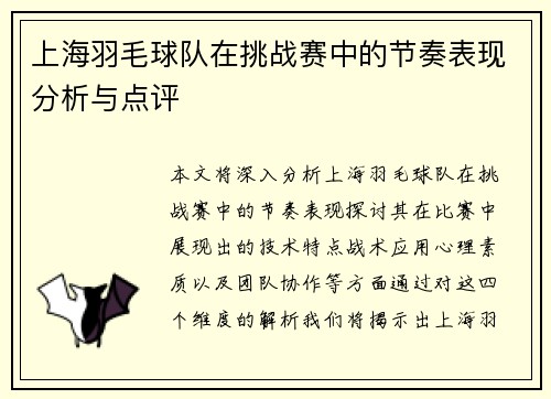 上海羽毛球队在挑战赛中的节奏表现分析与点评